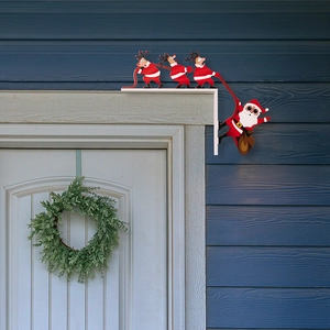 L-shaped Christmas door frame decoration featuring Santa and reindeer on a corner