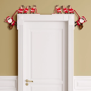 Christmas door frame decor featuring Santa Claus and reindeer climbing ornaments