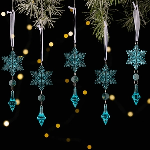 5pcs set of light blue acrylic snowflake ornaments with ice drop pendants on pine branch