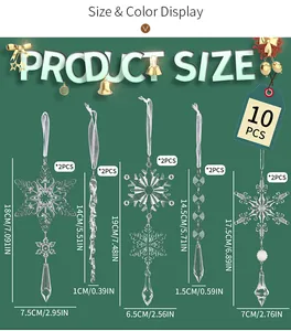 Guía de tallas de adornos navideños acrílicos con copos de nieve y carámbanos transparentes