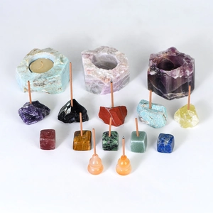 Natural crystal stone incense holder and candle holder set in varied minerals