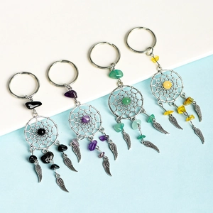 Handmade dreamcatcher keychain set with natural gemstones and silver feather charms