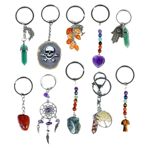 Set of 10 natural crystal and gemstone keychains with heart, moon, and tree of life designs