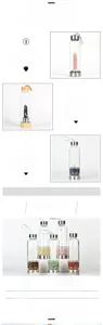 Detail of natural crystal stone pillars inside transparent borosilicate glass bottles