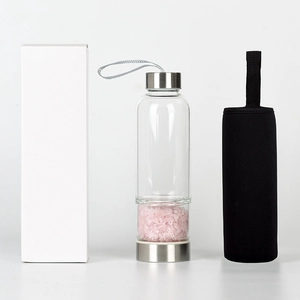 Natural rose quartz crystal energy glass water bottle with silver lids and gift box set