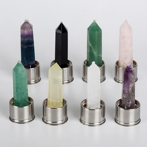Natural crystal hexagonal pillars on stainless steel bases for energy water bottles