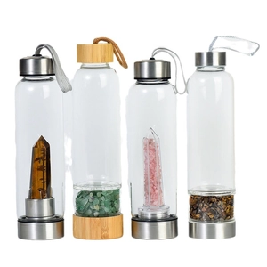 Crystal energy glass water bottles with stainless steel and bamboo lids set of four