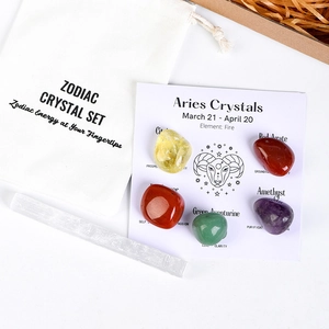 Natural zodiac crystal set for Aries with polished gemstones and selenite energy bar