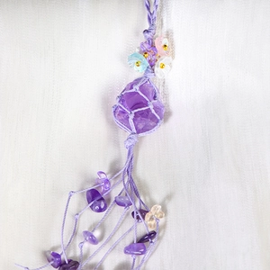 Natural amethyst raw stone keychain with handmade woven net and colorful crystal flowers