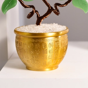 Golden Feng Shui money tree with green quartz leaves and Fu character blessing pot