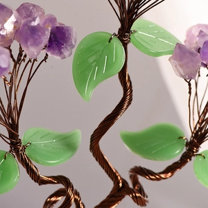 Handcrafted Amethyst crystal tree with green leaves and twisted wire trunk home decor