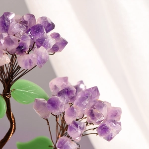 Handmade amethyst crystal tree figurine with copper wire wrap and green jade leaf detail