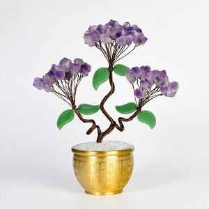 Natural amethyst crystal money tree craft in gold fortune basin for home office decor