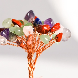 Natural crystal money tree with colorful gemstone leaves and copper wire in a glass dome