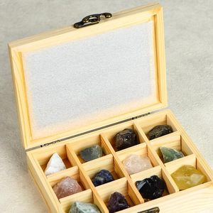 Natural crystal stone collection set in wooden box with twelve raw mineral specimens
