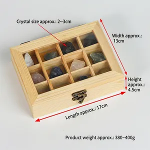 Natural crystal ore specimen collection in wooden gift box with 12 raw stones and metal lock