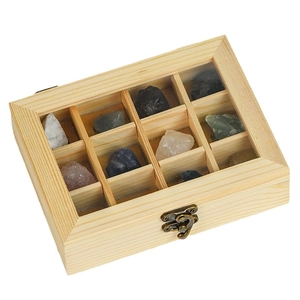 Natural crystal stone collection in a 12-slot wooden box with clear lid and metal lock