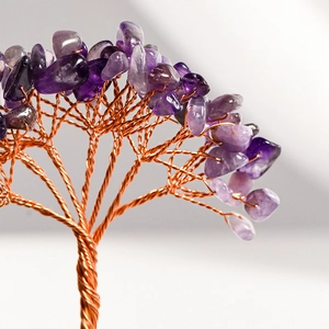 Handmade amethyst crystal tree with copper wire on raw base for home and office desk decor