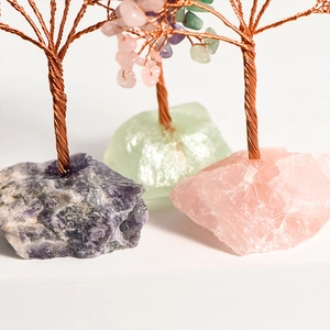 Three-piece set of handmade natural crystal money trees with amethyst and quartz bases
