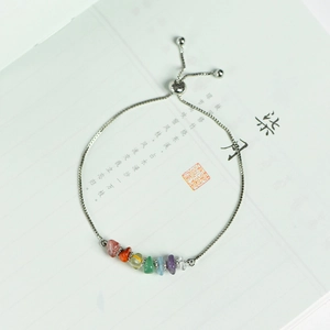 Bohemian adjustable silver chain bracelet with seven colorful natural crystal raw stones
