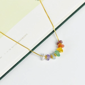 Bohemian natural crystal bead bracelet with irregular colorful stones and gold chain