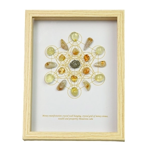 Citrine Metatron's Cube crystal grid decor in a light wood frame for home prosperity