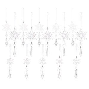 15-piece set of transparent acrylic snowflake ornaments with faceted crystal teardrop pendants