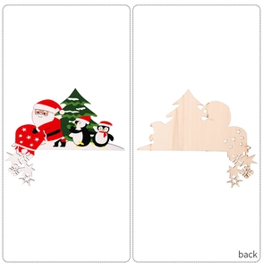 Detailed front and back view of wooden Santa and penguins door corner Christmas ornament
