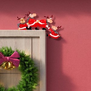 L-shaped wooden reindeer corner decoration for door frames with red Christmas attire