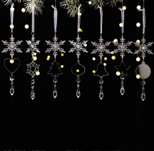 Set of 7 clear acrylic Christmas icicle ornaments with snowflakes and festive icons