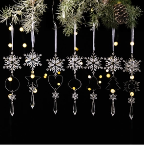 Detailed set of 7 transparent acrylic Christmas ornaments with crystal snowflake pendants