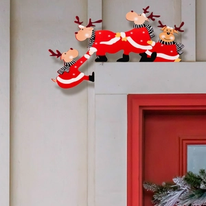 Christmas reindeer door frame ornaments featuring four cartoon deer in red holiday outfits