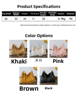 Tabla de tallas detallada y especificaciones de varios colores para el bolso de mujer