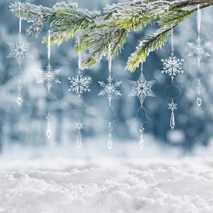 7pcs clear acrylic icicle and snowflake ornaments hanging on a snowy Christmas tree
