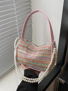 Woven Straw Underarm Bag With Butterfly Embroidery And Artificial Pearl Chain Bohemian Summer Fashion Handbag For Women