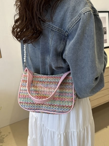 Colorful woven shoulder bag with butterfly embroidery and decorative pearl chain strap