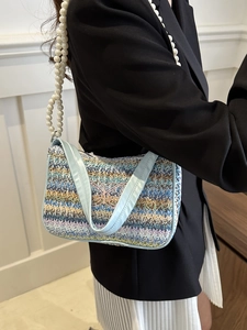 Colorful woven handbag with 3D butterfly embroidery and elegant faux pearl chain strap