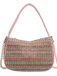 Handmade bohemian woven shoulder bag with pink butterfly embroidery and pearl chains