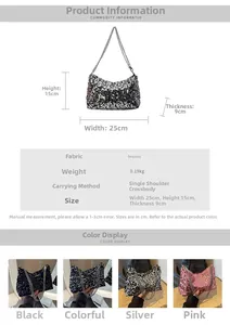 Detailed chart showing sequined pillow bag dimensions: 25cm width, 15cm height, and 9cm depth