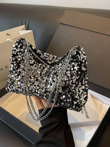 Women Sequin Shoulder Bag Metal Chain Strap Fashion Sparkly Underarm Bag For Party Banquet Daily Outfits