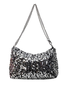 Sparkly sequin shoulder bag with silver chain strap and shimmering metallic finish