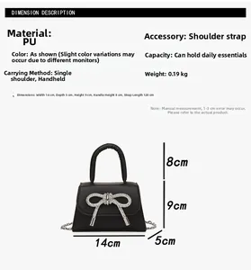 Size chart for mini black PU handbag with rhinestone bow and detailed measurements