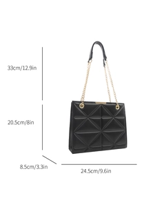 Large capacity black quilted tote bag with gold chain strap and detailed dimensions