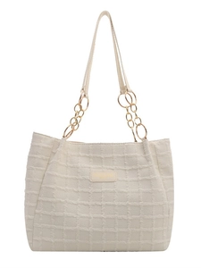 White woven tweed tote bag with gold chain strap and leather patch for women
