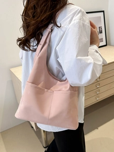 Pink minimalist large capacity shoulder tote bag with front pockets for women