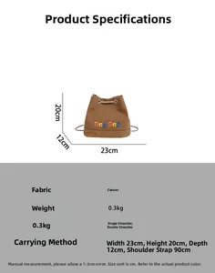 Tableau des tailles pour sac seau en toile marron avec dimensions 23x20x12cm et sangles