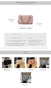 Detailed size specifications and color variants for quilted crossbody bag with chain