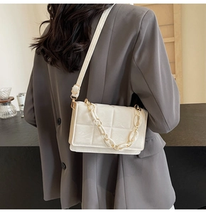 Close-up of a white quilted crossbody bag with metal chain strap and sleek faux leather