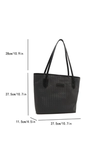 Large capacity black woven tote bag with dimensions for daily commute and work use