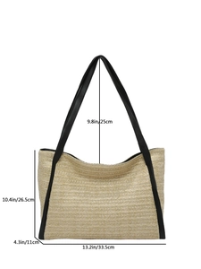Cream straw tote bag with black leather straps and detailed dimensions shown on white background